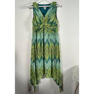 Chico's Womens Size 2 Blue & Green Chevron Sleeveless Midi Dress Asymmetric hem